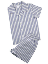 Load image into Gallery viewer, Blue &amp; White Stripe Boys Traditional Shortie Pyjamas
