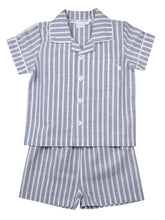 Load image into Gallery viewer, Blue &amp; White Stripe Boys Traditional Shortie Pyjamas