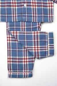 Boys Barnes Check winter PJ in Mid Blue, Red and Cream