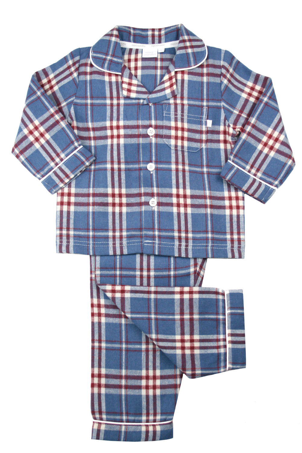 Boys Barnes Check winter PJ in Mid Blue, Red and Cream
