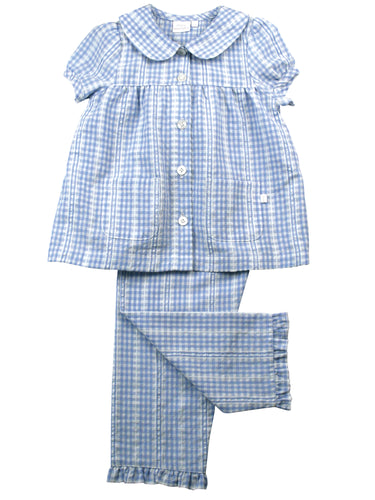Girls Blue White seersucker check Pyjama Set