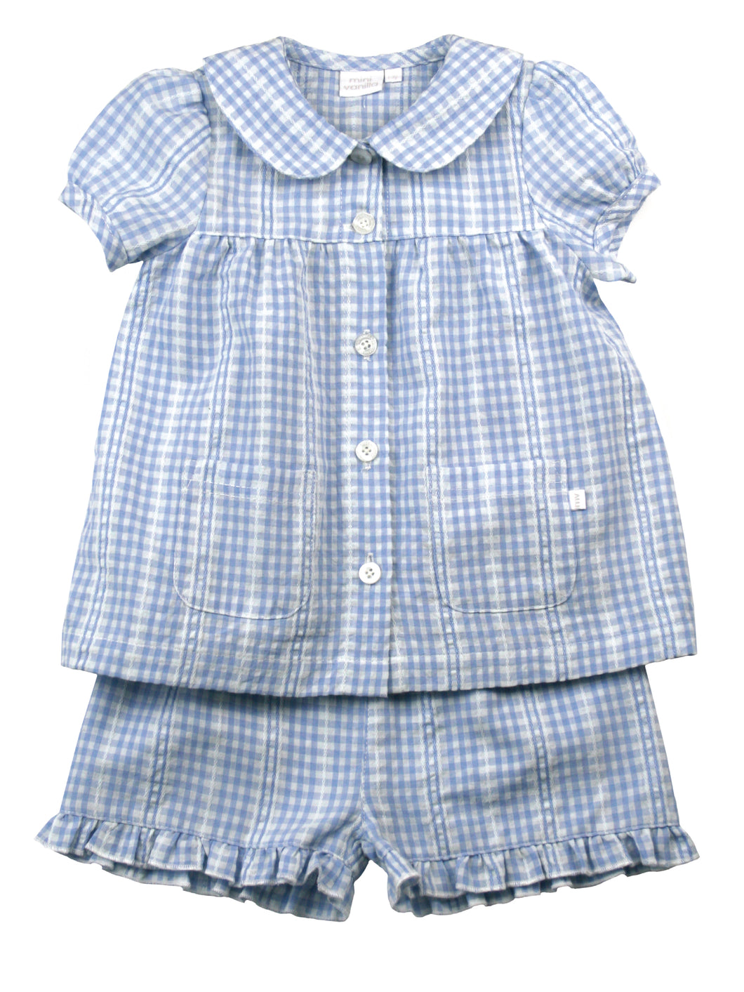 Girls Blue White Seersucker Check Shortie Pyjama Set