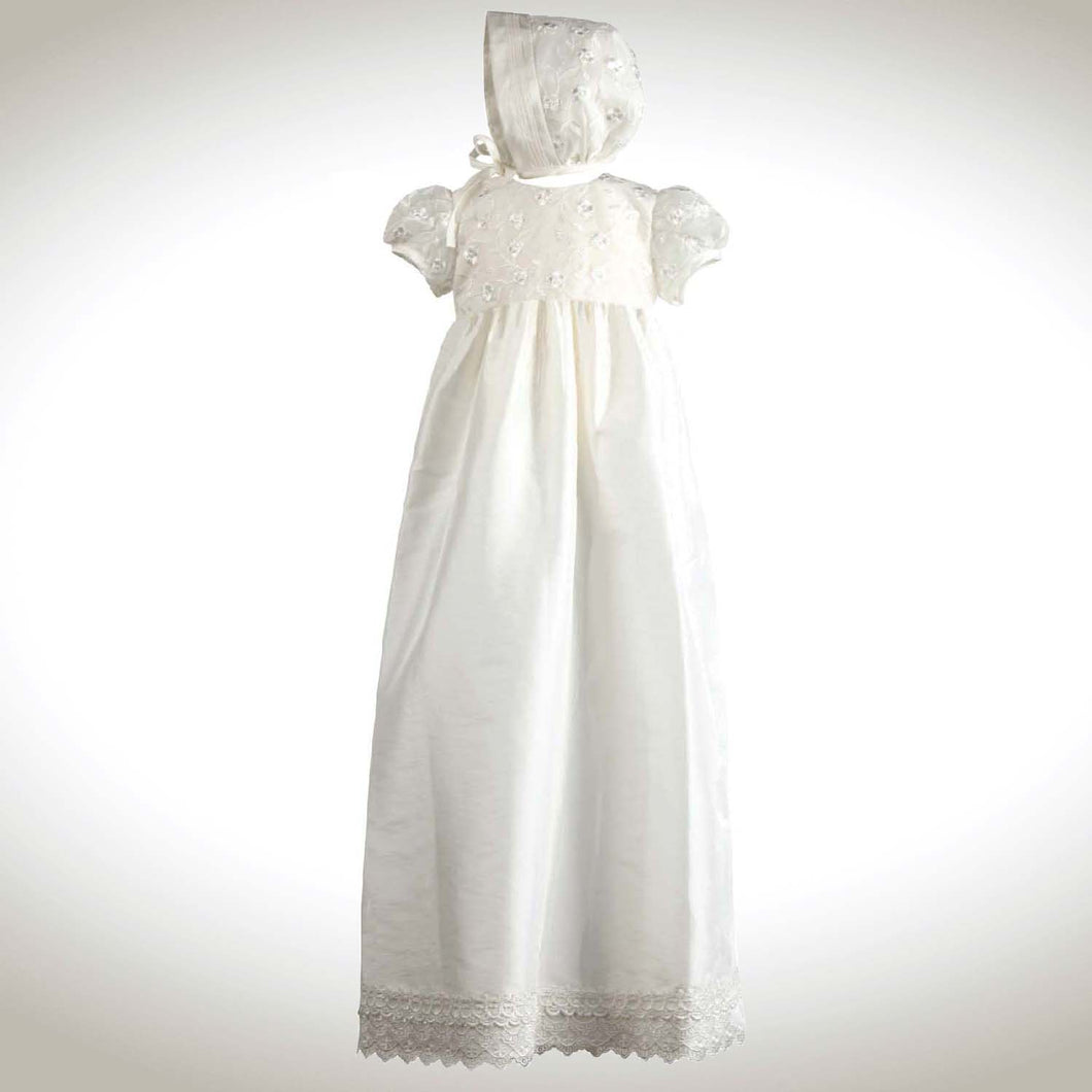 Nessa - Traditional Lace Bodice Christening Robe with Matching Bonnet