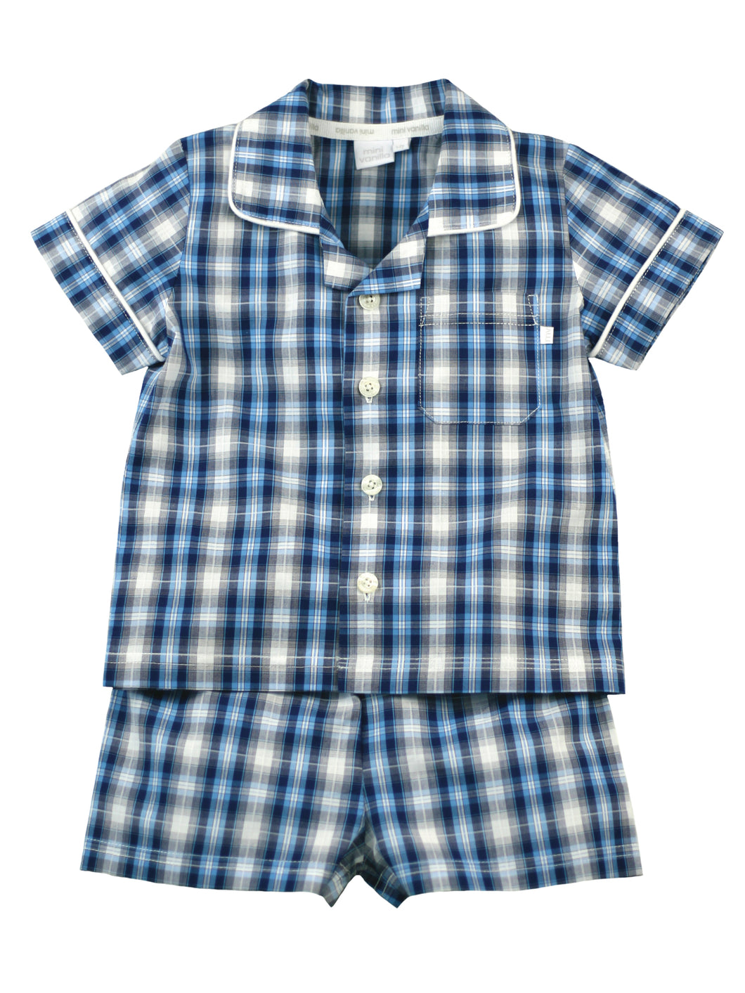Mid Blue Check Shortie Traditional Pyjamas.