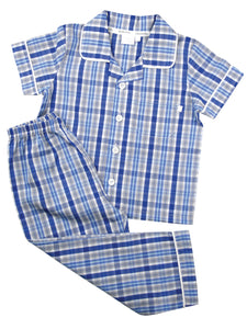 Blue Check Boys Summer Cotton Traditional Pyjamas