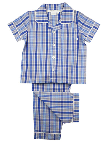 Blue Check Boys Summer Cotton Traditional Pyjamas
