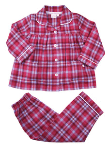 Girls Raspberry Check Traditional Cotton Pyjama Set.