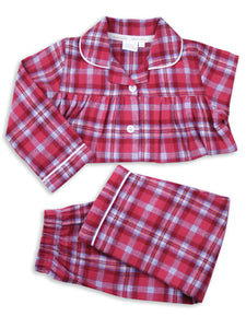 Girls Raspberry Check Traditional Cotton Pyjama Set.