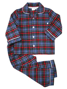 Boys Blue Red Brushed Check Winter Traditional Pyjama Set