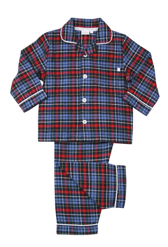 Boys Blue/ Red Brushed Check Winter Traditional Pyjama Set.