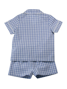 Blue Mini Check Cotton Shortie Pyjama Set.