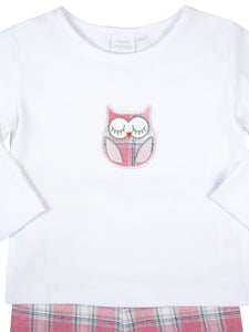 Baby Girls Pink Check PJ Set -  Owl Pyjamas with Scratch Mitts