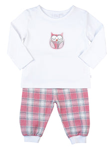 Baby Girls Pink Check PJ Set -  Owl Pyjamas with Scratch Mitts